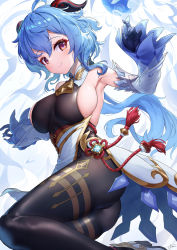 Rule 34 | 1girl, ahoge, armpits, ass, bell, blue gloves, blue hair, bodystocking, breasts, closed mouth, detached sleeves, floating hair, flower knot, ganyu (genshin impact), genshin impact, gloves, goat horns, gold trim, highres, horns, large breasts, long hair, looking at viewer, neck bell, ponytail, purple eyes, sideboob, sidelocks, smile, solo, tassel, thighs, very long hair, vision (genshin impact), wavy hair, xfate