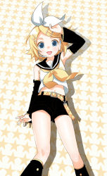 Rule 34 | 1girl, arm up, bad id, bad pixiv id, blonde hair, blue eyes, bow, detached sleeves, hair ornament, hairclip, headset, kagamine rin, mattaku mousuke, midriff, navel, open mouth, short hair, shorts, smile, solo, star (symbol), starry background, vocaloid