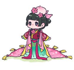 Rule 34 | 1girl, alternate costume, beads, black hair, blunt bangs, blush, chibi, coat, cropped jacket, floral print, flower, food, food on head, freckles, fruit, fruit on head, full body, hair beads, hair bun, hair flower, hair ornament, hair over shoulder, hair ribbon, kusuriya no hitorigoto, long hair, long sleeves, maomao (kusuriya no hitorigoto), multi-tied hair, nekokurage (gen&#039;eikai tsuushin), object on head, outstretched arms, patterned clothing, peach, pink flower, pink ribbon, purple eyes, ribbon, robe, sash, sidelocks, simple background, single hair bun, solo, standing, tassel, twintails, two-sided fabric, white background