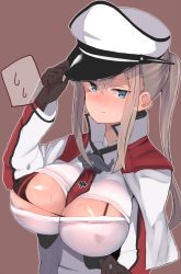 Rule 34 | 1girl, atsutoku, bikini, black bikini, blonde hair, blue eyes, blush, breasts, brown background, brown gloves, cleavage, embarrassed, covered erect nipples, gloves, graf zeppelin (kancolle), hair between eyes, hat, highres, kantai collection, large breasts, looking to the side, micro bikini, necktie, peaked cap, ponytail, sidelocks, simple background, solo, swimsuit, tsurime