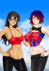 2girls black_hair breasts dark-skinned_female dark_skin green_eyes highres large_breasts multicolored_hair multiple_girls orange_eyes original supernova_(artist)