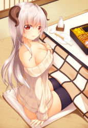 Rule 34 | 1girl, ass, bad id, bad pixiv id, bare shoulders, bento, black thighhighs, blush, breasts, chopsticks, cleavage, highres, horns, kotatsu, large breasts, long hair, looking at viewer, naked sweater, original, plate, red eyes, sheep horns, shokuyou mogura, silver hair, sitting, smile, solo, sweater, table, thighhighs