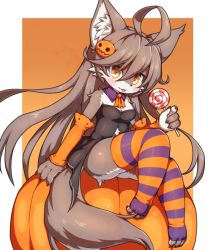 Rule 34 | 1girl, ahoge, animal ears, artist request, body fur, brown hair, candy, dog, food, full body, furry, furry female, halloween, halloween costume, long hair, orange eyes, simple background, sitting, solo, striped clothes, striped thighhighs, tail, thighhighs, tongue, wolf ears, wolf tail