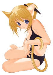 Rule 34 | 1girl, animal ears, artist request, bikini, blonde hair, blue eyes, blush, cat ears, cat tail, copyright request, short hair, solo, swimsuit, tail