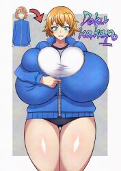 Rule 34 | 1girl, arrow (symbol), bad tag, before and after, blonde hair, blue eyes, blue jacket, blush, breast expansion, breasts, bursting breasts, codeorange162, female focus, gigantic breasts, highres, inconvenient breasts, jacket, shiny skin, short hair, smile, solo, standing, thick thighs, thighs