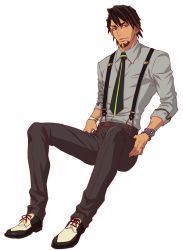 Rule 34 | 10s, 1boy, brown eyes, brown hair, collared shirt, facial hair, jewelry, kaburagi t. kotetsu, lunarclinic, male focus, necktie, ring, saddle shoes, shirt, shoes, sitting, solo, stubble, suspenders, tiger &amp; bunny
