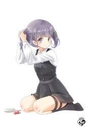 Rule 34 | 10s, 1girl, adjusting hair, belt, black socks, blunt bangs, blush, chize, collared shirt, dress, dress shirt, grey dress, grey eyes, grey hair, hair brush, hair ribbon, kantai collection, kneehighs, long sleeves, no shoes, ooshio (kancolle), ooshio kai ni (kancolle), pinafore dress, ribbon, seiza, shirt, short dress, short hair, short twintails, simple background, sitting, sleeveless, sleeveless dress, smile, socks, solo, thigh strap, twintails, tying hair, white background, white shirt