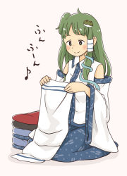 Rule 34 | 1girl, bare shoulders, beige background, blush, blush stickers, chii-kun (seedyoulater), collar, collared shirt, detached sleeves, folding clothes, frog, frog hair ornament, full body, green eyes, green hair, hair ornament, highres, kochiya sanae, long hair, long sleeves, looking down, musical note, nose blush, quaver, seiza, shadow, shirt, simple background, sitting, skirt, smile, snake, snake hair ornament, solo, tareme, touhou, translation request, wide sleeves