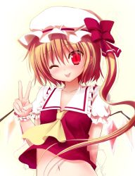 Rule 34 | 1girl, :p, bad id, bad pixiv id, blonde hair, female focus, flandre scarlet, harapeko (sabernoahoge), hat, looking at viewer, midriff, navel, one eye closed, red eyes, ribbon, side ponytail, simple background, solo, tongue, tongue out, touhou, v, wings, wink