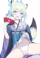 Rule 34 | 1girl, absurdres, animal ears, bath yukata, blue archive, blue halo, blush, chinese commentary, cowboy shot, green hair, hair between eyes, halo, hand fan, highres, holding, holding fan, japanese clothes, kimono, looking at viewer, navel, obi, official alternate costume, open mouth, panties, paper fan, purple eyes, sash, shasha (shasha159357), shigure (blue archive), shigure (hot spring) (blue archive), short hair, simple background, smile, solo, tail, uchiwa, underwear, weasel ears, weasel tail, white background, white panties, yukata