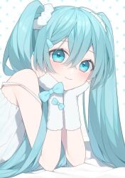 Rule 34 | 1girl, aqua bow, aqua hair, bare shoulders, blue eyes, blush, bow, closed mouth, commentary, crossed bangs, dress, elbow rest, hair between eyes, hair ornament, hair scrunchie, hairclip, hands on own face, hatsune miku, head rest, highres, long hair, looking at viewer, polka dot, polka dot background, scrunchie, smile, solo, spaghetti strap, twintails, upper body, very long hair, vocaloid, white dress, white scrunchie, yachishi orca