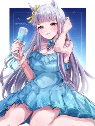 Rule 34 | 1girl, animal ears, arm up, bare shoulders, blue dress, blush, border, bow, bracelet, breasts, cleavage, commentary, criss-cross halter, cup, dress, ear ribbon, gold ship (umamusume), grey hair, halterneck, highres, holding, holding cup, horse ears, horse girl, jewelry, mare ma, medium breasts, necklace, official alternate costume, on ground, outside border, parted lips, purple eyes, sitting, smile, solo, star (symbol), starry background, twitter username, umamusume, wariza, white border