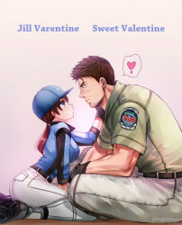 Rule 34 | 1boy, 1girl, blue eyes, blush, breasts, brown hair, chris redfield, closed mouth, english text, engrish text, facial hair, gloves, hat, jill valentine, long hair, muscular, nagare, ponytail, ranguage, resident evil, resident evil 5, smile