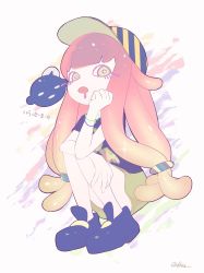 Rule 34 | 1girl, baseball cap, blonde hair, blue footwear, bracelet, bright pupils, clownfish, colored eyelashes, drooling, fish, full body, fullc8, gradient hair, green eyes, green skirt, harmony&#039;s clownfish (splatoon), harmony (splatoon), hat, highres, jewelry, low twintails, miniskirt, multicolored clothes, multicolored hair, multicolored headwear, nintendo, no nose, open mouth, pink hair, purple shirt, shirt, shoes, short sleeves, skirt, splatoon (series), splatoon 3, squatting, striped clothes, striped headwear, tentacle hair, tropical fish, twintails, two-tone hair, white pupils