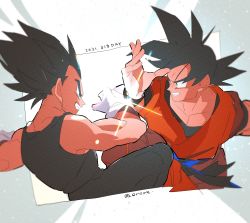 Rule 34 | 2021, 2boys, aqua eyes, backlighting, belt, black hair, black legwear, blue belt, blurry, clenched teeth, depth of field, dragon ball, dragonball z, dutch angle, eye contact, face-to-face, facing viewer, fighting, fighting stance, fingernails, gloves, grin, highres, knee up, lens flare, light, light particles, light rays, looking at another, male focus, multiple boys, muscular, onore, orange shirt, outside border, pectorals, profile, shaded face, shirt, smile, son goku, spiked hair, tank top, teeth, twitter username, upper body, vegeta, white gloves
