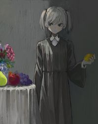 Rule 34 | 1girl, apple, black dress, black eyes, character request, collared shirt, copyright request, dress, expressionless, flower, flower pot, food, fruit, grapes, grey background, highres, holding, holding food, holding fruit, lemon, looking to the side, pear, shadow, shirt, skkc 128, solo, table, two side up, white hair, white shirt