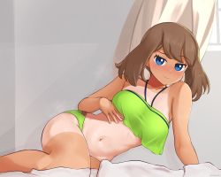 Rule 34 | 1girl, arm support, bare arms, bikini, blue eyes, blush, breasts, brown hair, closed mouth, collarbone, commentary request, creatures (company), curtains, game freak, green bikini, highres, indoors, looking at viewer, may (pokemon), medium hair, midriff, mockingeu, navel, nintendo, pokemon, pokemon (anime), pokemon rs020, pokemon rse (anime), smile, solo, swimsuit, tan, tanline, window