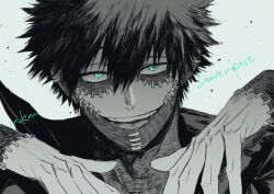 Rule 34 | 1boy, :d, boku no hero academia, dabi (boku no hero academia), greyscale, hands up, looking at viewer, male focus, mkm (mkm storage), monochrome, open mouth, portrait, short hair, smile, solo, stitches