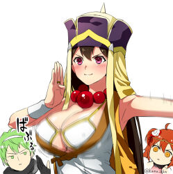Rule 34 | 1boy, 2girls, ahoge, bead necklace, beads, blush, bouncing breasts, bra, breasts, david (fate), fate/grand order, fate (series), fighting stance, fujimaru ritsuka (female), green hair, hairband, jewelry, kaidou j1, multiple girls, necklace, pink eyes, red ribbon, ribbon, ring, smile, staring, translation request, twitter username, underwear, upper body, white background, white bra, white hairband, xuangzang sanzang (fate)