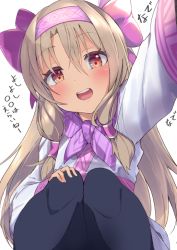 Rule 34 | 1girl, :d, ainu clothes, black pantyhose, blush, bow, brown hair, commentary request, fate/grand order, fate (series), hair between eyes, hair bow, hair tubes, hairband, hand on own knee, head tilt, illyasviel von einzbern, long hair, long sleeves, looking at viewer, open mouth, outstretched arm, p answer, pantyhose, pink hairband, purple bow, reaching, reaching towards viewer, red eyes, round teeth, simple background, sitonai (fate), smile, solo, squatting, teeth, translation request, upper teeth only, very long hair, white background