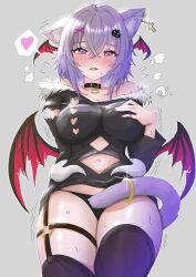 1girl alternate_costume animal_ear_fluff animal_ears bare_shoulders black_panties blush breasts cat_ears cat_girl cat_tail clothing_cutout collarbone cowboy_shot demon_girl grey_background halloween_costume head_wings heart highres hololive large_breasts medium_breasts multiple_wings navel navel_cutout nekomata_okayu onigirya_(nekomata_okayu) panties purple_eyes purple_hair simple_background solo_focus spoken_heart tail underwear virtual_youtuber warg_game wings