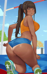 Rule 34 | 1girl, ass, blue scrunchie, blue sky, blunt bangs, breasts, cloud, dark-skinned female, dark skin, day, fang, from behind, hai ookami, hair ornament, hair scrunchie, kneeling, large breasts, long hair, looking at viewer, midriff, open mouth, orange eyes, original, outdoors, ponytail, scrunchie, shoes, sky, sneakers, solo, tan, tanline, thighs