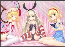 Rule 34 | 10s, 3girls, alice margatroid, alternate costume, asymmetrical hair, bed sheet, black border, blonde hair, border, breasts, camisole, crossover, curtains, detached sleeves, elbow gloves, flandre scarlet, flat chest, gloves, green eyes, grey eyes, hairband, hat, kantai collection, lingerie, long hair, looking at viewer, mob cap, multiple girls, navel, nightgown, off shoulder, platinum blonde hair, qx-cg, red eyes, shanghai doll, shimakaze (kancolle), short hair, side ponytail, sideboob, sitting, smile, spread legs, strap slip, thighhighs, touhou, underwear, underwear only, white legwear