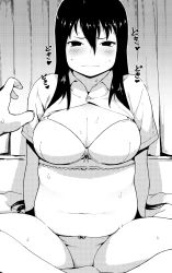 Rule 34 | 1girl, accio, bad id, bad pixiv id, bow, bow bra, bow panties, bra, breasts, butterfly sitting, cleavage, closed mouth, collared shirt, curtains, greyscale, hair between eyes, heart, highres, indoors, large breasts, looking at viewer, monochrome, navel, on bed, open clothes, open shirt, original, out of frame, panties, plump, pov, shirt, short sleeves, sitting, solo focus, sweat, sweatdrop, thighs, underwear, wavy mouth