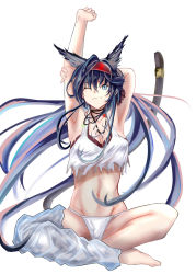 1girl absurdres animal_ears arknights armpits arms_up barefoot bikini blaze_(arknights) blue_eyes blue_hair breasts cat_ears cat_tail cleavage clenched_hand commentary female_focus hairband highres indian_style jewelry long_hair looking_at_viewer navel necklace official_alternate_costume one_eye_closed putcho red_hairband simple_background sitting solo stomach stretching swimsuit tail very_long_hair white_background white_bikini