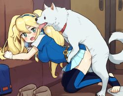 Rule 34 | 1girl, 1other, arm rest, belt, bestiality, blonde hair, blue dress, blue hairband, blush, breath, chiwino, clarissa arwin, collar, commission, dog, doggystyle, dress, green eyes, hair tie, hairband, long hair, looking back, motion lines, open mouth, pleated skirt, sex, sex from behind, short sleeves, skeb commission, skirt, stirrup legwear, tiptoes, toeless legwear, toes, tongue, tongue out, tony (wild arms), tony (wild arms xf), twintails, wild arms, wild arms xf
