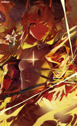 Rule 34 | 1girl, absurdres, arknights, black gloves, blonde hair, breasts, cleavage, covered collarbone, cowboy shot, dragon horns, dress, earrings, fire, flower, gloves, gohanduck, hair flower, hair ornament, highres, holding, holding staff, horns, jewelry, long hair, long sleeves, looking at viewer, parted lips, reed (arknights), reed the flame shadow (arknights), small breasts, solo, staff, very long hair, white dress, white flower, yellow eyes