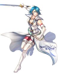 Rule 34 | 1girl, bare shoulders, belt, blue eyes, blue hair, boots, bracelet, breasts, cleavage, closed mouth, collarbone, earrings, elbow gloves, female focus, fingerless gloves, fire emblem, fire emblem: radiant dawn, fire emblem heroes, full body, gloves, hair over one eye, highres, holding, holding sword, holding weapon, jewelry, leg up, looking away, lucia (fire emblem), matching hair/eyes, medium breasts, necklace, nintendo, non-web source, official art, short hair, sleeveless, solo, sword, takaya tomohide, thigh boots, thighhighs, transparent background, weapon, white gloves, white thighhighs
