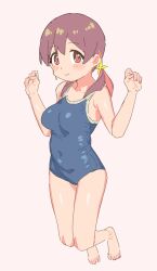 Rule 34 | 1girl, absurdres, blush stickers, breasts, brown hair, covered navel, full body, highres, karubi (karubi465558), large breasts, looking at viewer, low twintails, murosaki miyo, one-piece swimsuit, onii-chan wa oshimai!, red eyes, school swimsuit, simple background, smile, solo, swimsuit, twintails