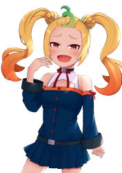 1girl absurdres blonde_hair detached_sleeves double_bun fang gradient_hair green_hair hair_bun highres miniskirt multicolored_hair open_mouth orange_eyes orange_hair original pleated_skirt raised_eyebrows skirt smile solo toripuru_(tripl3) twintails