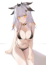 Rule 34 | 1girl, arknights, arm support, bare arms, bare shoulders, bikini, black bikini, black choker, breasts, bright pupils, choker, cleavage, collarbone, commentary request, feather hair, hair ornament, halterneck, hand on own thigh, highres, large breasts, long hair, looking at viewer, multi-strapped bikini, navel, owl ears, ptilopsis (arknights), revision, ru zhai, shadow, silver hair, simple background, sitting, skindentation, solo, stomach, string bikini, swimsuit, thighs, white background, yellow eyes