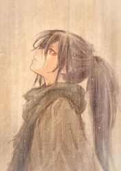 Rule 34 | 1boy, black hair, brown background, dororo (tezuka), from side, highres, hyakkimaru (dororo), long hair, looking up, male focus, ponytail, rain, scarf, solo, tagme, torn clothes, wet, wet hair