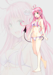 Rule 34 | 1girl, :d, ahoge, bikini, breasts, commentary request, demon tail, eyelashes, green eyes, hair ornament, hairclip, happy, lala satalin deviluke, large breasts, long hair, navel, official art, open mouth, pink hair, smile, solo, standing, swimsuit, tail, to love-ru, yabuki kentarou