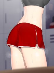 Rule 34 | 1girl, ass, back, bare back, blurry, blurry background, blurry foreground, breasts, deathalice, depth of field, dolphin shorts, female commander (girls&#039; frontline), from behind, girls&#039; frontline, head out of frame, indoors, locker, locker room, medium breasts, red shorts, short shorts, shorts, side slit, solo, sports bra, sweat, thighs