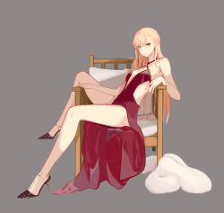 Rule 34 | 1girl, absurdres, bare legs, blonde hair, braid, breasts, closed mouth, dress, earrings, french braid, girls&#039; frontline, grey background, hanser, high heels, highres, jewelry, legs, long hair, looking at viewer, nail polish, official alternate costume, orange eyes, ots-14 (girls&#039; frontline), ots-14 (ruler of the banquet) (girls&#039; frontline), red dress, sitting, small breasts, solo focus, thighs