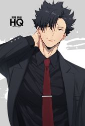 Rule 34 | 1boy, black hair, black jacket, black shirt, black suit, brown eyes, copyright name, formal, haikyuu!!, hair over one eye, hand on own neck, hand up, highres, jacket, kuroo tetsurou, kwonrugger, looking at viewer, male focus, necktie, red necktie, shirt, simple background, smile, solo, spiked hair, standing, suit, twitter username, upper body