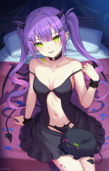 Rule 34 | 1girl, bandaid, bed, bibi (tokoyami towa), black camisole, black panties, blush, breasts, camisole, collar, collarbone, commentary request, demon horns, demon tail, demon wings, earrings, green eyes, hair between eyes, hair ornament, hairclip, highres, hololive, horns, indoors, jewelry, long hair, looking at viewer, navel, open mouth, oridays, panties, petals, pointy ears, purple hair, scrunchie, sidelocks, sitting, small breasts, spaghetti strap, tail, tokoyami towa, twintails, underwear, virtual youtuber, wings, wrist scrunchie
