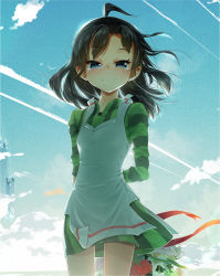 Rule 34 | 1girl, ahoge, apron, arms behind back, backlighting, black hair, blue eyes, blue sky, blush, bouquet, building, closed mouth, cloud, cluseller, contrail, cowboy shot, cropped, day, dress, female focus, flat chest, flower, gradient sky, green dress, hair intakes, half-closed eyes, happy, holding, kemurikusa, lily (flower), long hair, long sleeves, looking at viewer, nose blush, outdoors, pink flower, red flower, red ribbon, red rose, ribbon, riri (kemurikusa), rose, short dress, sky, skyscraper, smile, solo, spoilers, standing, striped clothes, striped dress, sunrise, tears, white flower