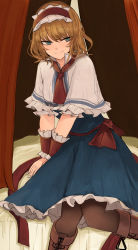 Rule 34 | 1girl, absurdres, alice margatroid, armband, bed, belt, blonde hair, blue dress, blue eyes, boots, bow, brown footwear, brown legwear, capelet, closed mouth, collarbone, curtains, dress, frilled capelet, frilled dress, frilled hairband, frilled sleeves, frills, hairband, half-closed eyes, highres, indoors, lolita hairband, looking at viewer, nail polish, necro (nekurodayo), red belt, red bow, red curtains, red hairband, red neckwear, short hair, short sleeves, sitting, smile, solo, touhou, white capelet, white frills, white nails