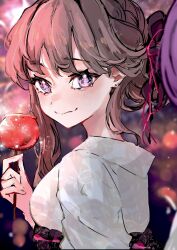 Rule 34 | 2girls, aerial fireworks, blurry, blurry background, blush, breasts, brown hair, candy apple, closed mouth, commentary, fireworks, floral print, floral print kimono, food, fujishima megumi, hair behind ear, hair bun, highres, holding, holding food, japanese clothes, jin (oihlf), kimono, link! like! love live!, long sleeves, looking at viewer, love live!, medium breasts, multiple girls, otomune kozue, out of frame, print kimono, purple eyes, short hair, single hair bun, single sidelock, smile, solo focus, split mouth, summer festival, swept bangs, upper body, virtual youtuber, wavy mouth, white kimono