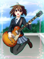 Rule 34 | 1girl, brown eyes, brown hair, female focus, full body, gabao., guitar, hair ornament, hairclip, highres, hirasawa yui, instrument, jumping, k-on!, nature, open mouth, outdoors, pantyhose, plant, playing, school uniform, short hair, skirt, sky, solo