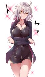 Rule 34 | 1girl, ahoge, blush, breasts, cleavage, collarbone, crossed arms, dress, fate/grand order, fate (series), fur, fur trim, grey hair, harugano, jacket, jeanne d&#039;arc (fate), jeanne d&#039;arc alter (fate), jeanne d&#039;arc alter (ver. shinjuku 1999) (fate), jewelry, medium breasts, messy hair, necklace, official alternate costume, short dress, short hair, simple background, skin tight, smile, solo, thigh gap, thighs, white background, yellow eyes, zipper