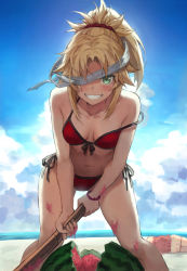 Rule 34 | 2girls, bare shoulders, beach, bikini, blindfold, blindfold slip, blonde hair, blue sky, blush, bracelet, braid, breasts, collarbone, fate/grand order, fate (series), feet out of frame, fingernails, food, french braid, front-tie bikini top, front-tie top, fruit, green eyes, grin, hair ornament, hair scrunchie, highres, jewelry, leaning forward, legs apart, long hair, looking at viewer, mordred (fate), mordred (fate) (all), mordred (swimsuit rider) (fate), mordred (swimsuit rider) (first ascension) (fate), multiple girls, ocean, off shoulder, outdoors, parted bangs, ponytail, red bikini, scrunchie, side-tie bikini bottom, sidelocks, sky, small breasts, smile, solo, standing, strap slip, suikawari, swimsuit, tonee, watermelon