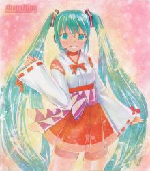 Rule 34 | 1girl, artist name, choker, green eyes, green hair, hatsune miku, headset, japanese clothes, long hair, looking at viewer, matching hair/eyes, mayo riyo, miko, nail polish, project diva, project diva (series), skirt, smile, solo, standing, traditional media, twintails, very long hair, vocaloid