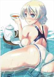Rule 34 | 10s, 1girl, ass, blonde hair, blue eyes, braid, breasts, character name, competition swimsuit, crotch seam, cup, darjeeling (girls und panzer), english text, girls und panzer, highres, holding, holding cup, large breasts, light smile, looking at viewer, looking back, lying, nenchi, on stomach, one-piece swimsuit, partially submerged, saucer, scan, short hair, shoulder blades, sideboob, simple background, smile, solo, swimsuit, tea, teacup, teapot, tray, trefoil, twin braids, wading, water, wet, white background, white one-piece swimsuit