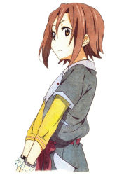 Rule 34 | 1girl, blouse, brown eyes, brown hair, closed mouth, clothing request, colored pencil (medium), commentary request, cowboy shot, from side, hair between eyes, jinjin-roririn, k-on!, layered sleeves, long sleeves, looking to the side, scrunchie, shirt, short hair, short over long sleeves, short sleeves, simple background, solo, standing, tainaka ritsu, traditional media, white background, wrist scrunchie, yellow shirt